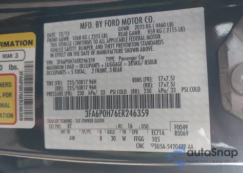 2014 Ford Fusion Se from USA, damaged, VIN 3FA6P0H76ER246359